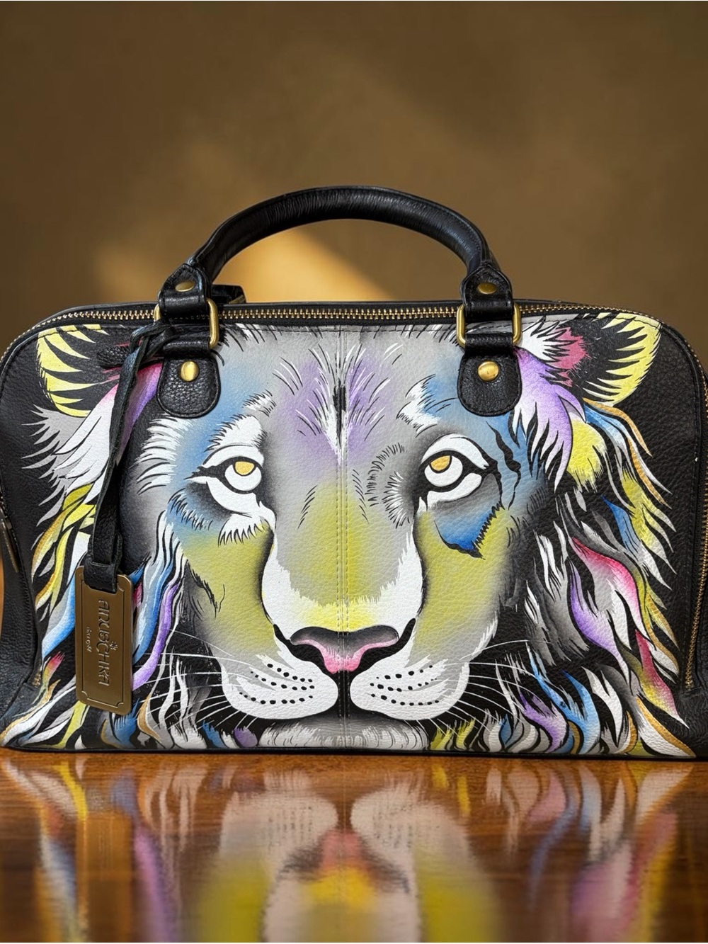 ANUSCHKA Hand-Painted Leather Convertible Satchel/Lion Art/RFID Blocking/ NWOT